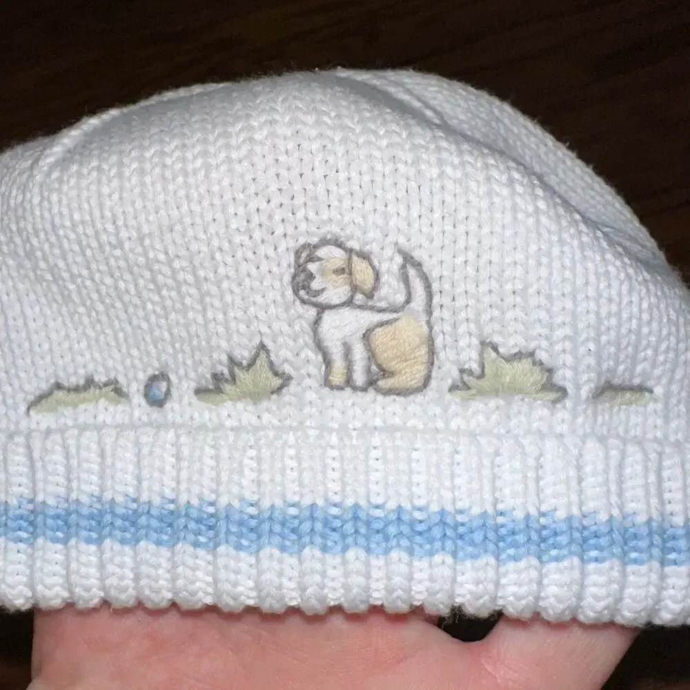 Janie and Jack White Blue Baby Boy Embroidered Dog Puppy Cotton Beanie Cap 0-3M